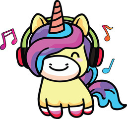 Happy smiling baby unicorn with headphones listening to music. Kawaii style.