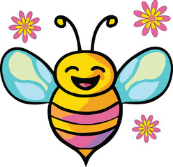 Happy smiling baby bee surrounded by flowers. Kawaii style.