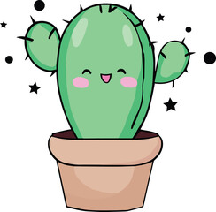 Happy smiling baby cactus in vase surrounded by stars. Kawaii style.