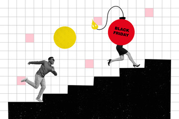 Contemporary collage of running guy escaping dynamite headless girl formal suit upstairs bomb black...