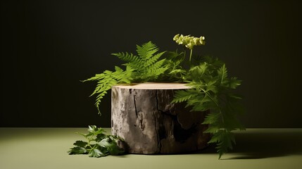 Fresh Greenery on Wooden Stand. For Product Demonstration