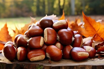 Freshly harvested chestnuts on the background of the woods, food for autumn and winter seasons, close-up of chestnuts