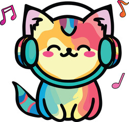Happy smiling baby pussy cat with headphones listening to music. Kawaii style.