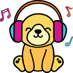 Happy smiling baby dog puppy with headphones listening to music. Kawaii style.