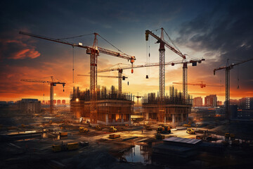 Fototapeta na wymiar Construction site and cranes, design architecture, aesthetic look