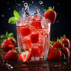 Strawberries in a glass of water splash on a dark background