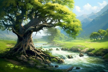 Beautiful scenery: grassy riverbank, cascading waterfall, and majestic tree. Generative AI
