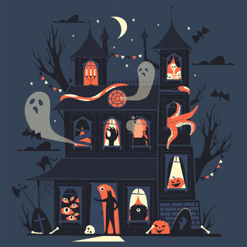Night halloween castle with ghosts vector illustration. Cartoon background for october or autumn celebration banner. House with pumpkin and bats. Creepy or scary card or poster. Mansion template