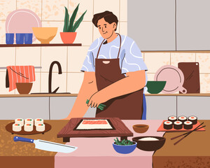 Vector flat image for making homemade sushi. Cook japanese food at home illustration. Asia culinary kitchen with board and sticks. Man cooking roll for dinner. Cuisine and meal, japan nutrition