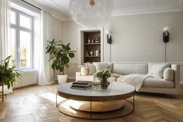 Bright lounge with white walls, herringbone oak parquet, round table, decorative lights, oval beige sofa. Generative AI