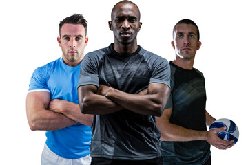 Digital png photo of three diverse male football players holding ball on transparent background
