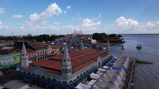 Aerial view Ver-o-Peso Iron Market on the shores of Guajar&aacute; Bay. Parallax