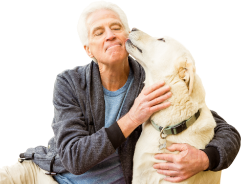 Digital png photo of senior caucasian man embracing pet dog on transparent background