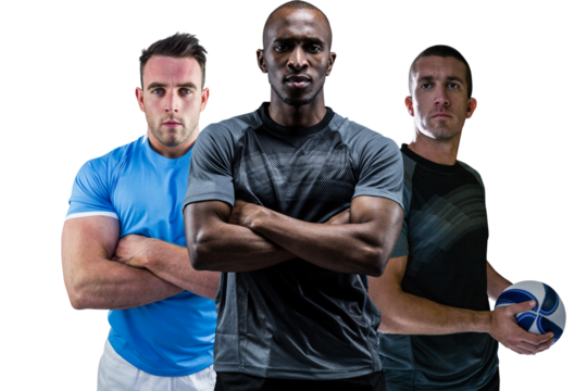 Digital png photo of three diverse male football players holding ball on transparent background