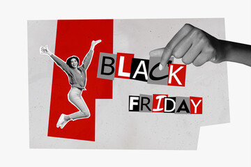 Full length collage illustration poster in shopping mall black friday starts soon monochrome style...