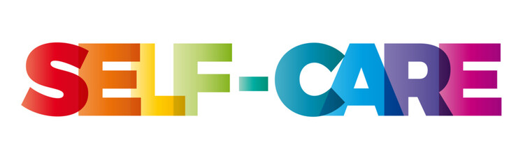 The word Self care. Vector banner with the text colored rainbow.