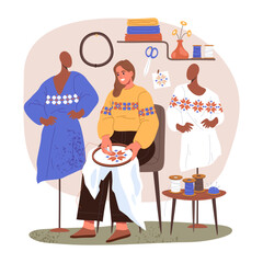 Woman making homemade needlework for slavic cloth. Vector image of tailor with stitching circle and needle craft ukrainian dress. Knitting hobby and embroidery sew. Clothing handicraft. Dressmaking