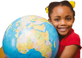 Digital png photo of smiling african american girl embracing globe on transparent background