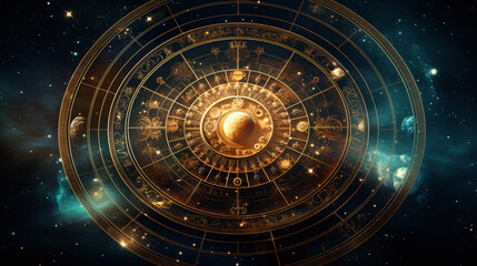 Space backdrop with a zodiac wheel