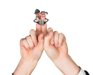 Digital png illustration of hands with drawn happy faces on fingers on transparent background
