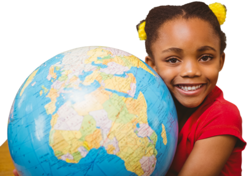 Digital png photo of smiling african american girl embracing globe on transparent background
