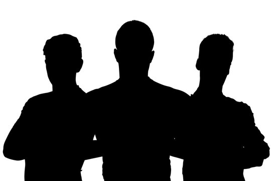 Digital png silhouette of three men standing with arms crossed on transparent background