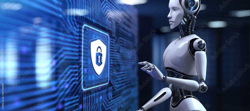 Poster cyber security data protection antivirus technology concept. robot pressing button on screen 3d rend