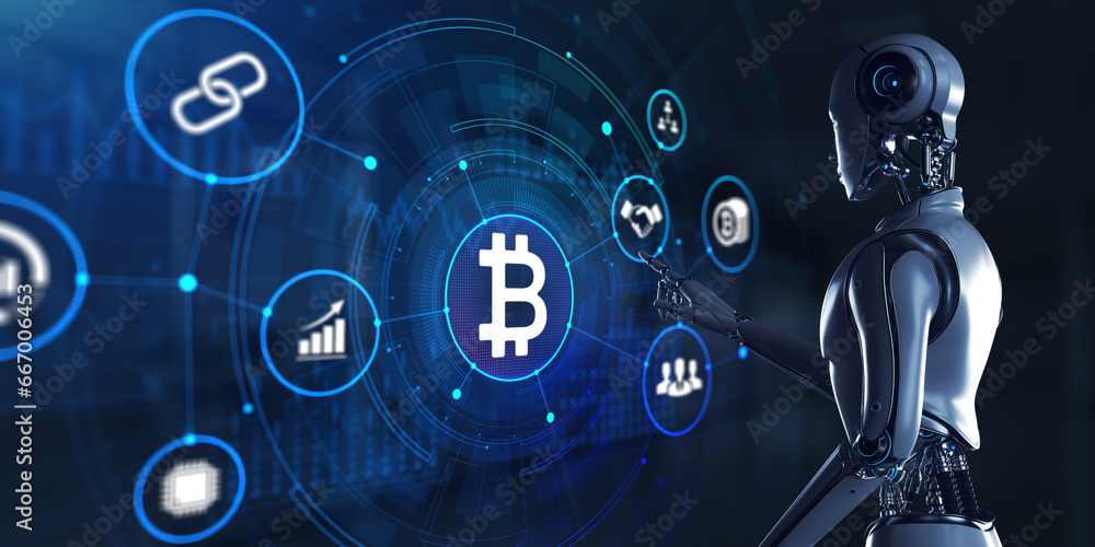 Poster bitcoin cryptocurrency btc trading. robot pressing button on screen 3d render.