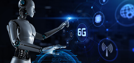 6G Hi-speed wireless mobile internet connection technology concept. 3d render robot pressing virtual button.