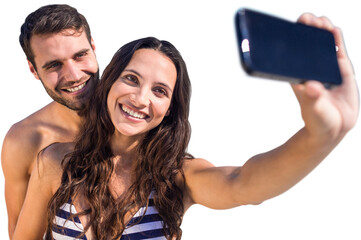 Digital png photo of happy caucasian couple taking selfie on transparent background