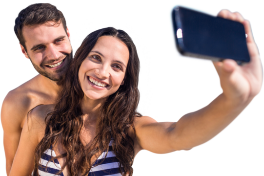 Digital png photo of happy caucasian couple taking selfie on transparent background