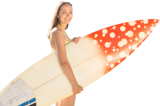 Digital png photo of happy caucasian woman in swimsuit with surfboard on transparent background