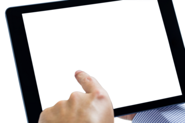 Digital png photo of hands of caucasian businessman using tablet on transparent background