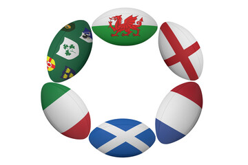 Digital png illustration of rugby balls with flags on transparent background
