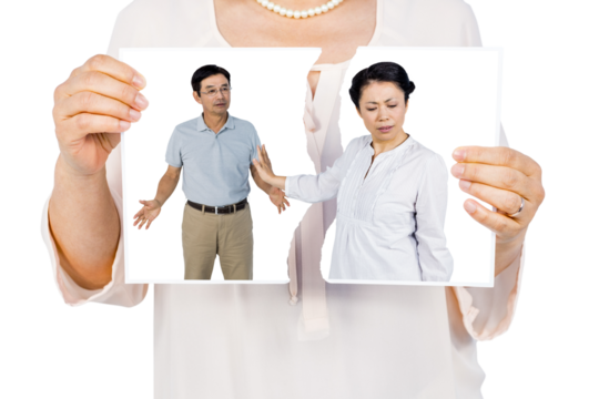 Digital png photo of asian woman holding broken photo of couple on transparent background