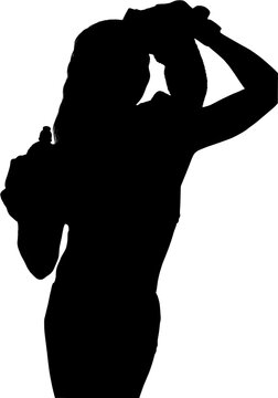 recommend clip art: Digital png illustration of silhouette of sportswoman with towel and water on transparent background