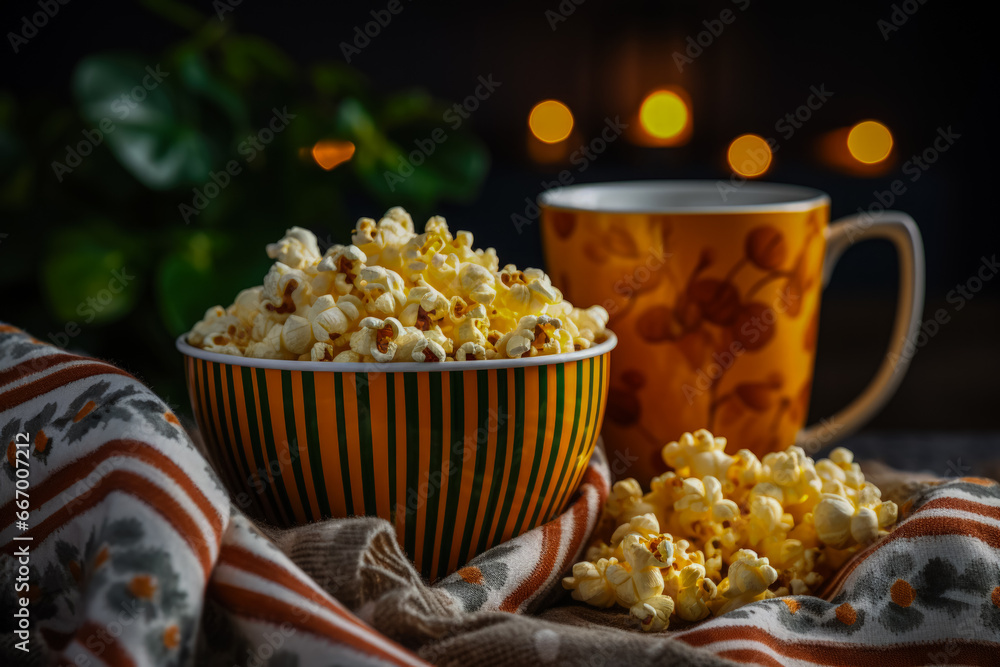 Aufkleber home movie night scene with popcorn and soft throws background with empty space for text