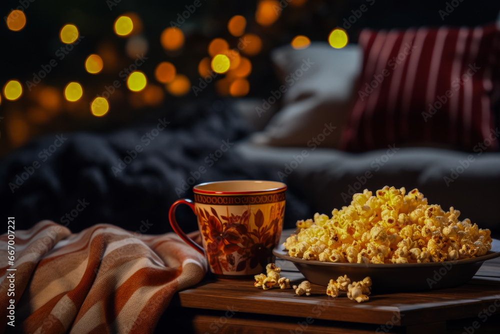 Aufkleber Home movie night scene with popcorn and soft throws background with empty space for text 