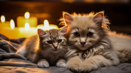 Obraz premium Furry pets cuddled up together on a soft rug by fireplace 