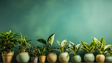 Indoor gardening scene with lush houseplants background with empty space for text 