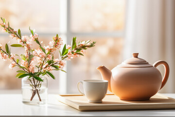 Fototapeta na wymiar Leisurely tea time setup in a serene home spot background with empty space for text 