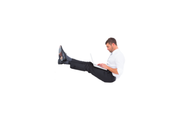 Digital png photo of caucasian businessman sitting and using laptop on transparent background