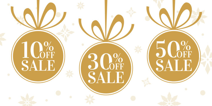 Sale banner with 10, 30, 50 percent price off label, icon or tag. Winter discount balls with bow and ribbon. Christmas holiday promotion card design. Vector illustration.