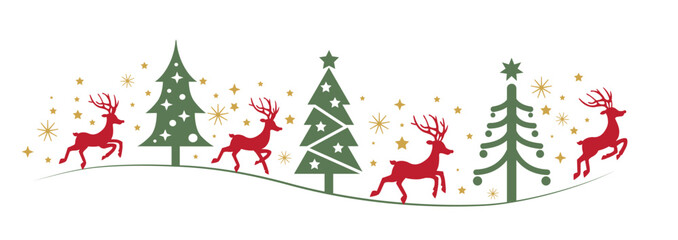 Green Christmas trees, blue Reindeers and golden stars in different design. - vector illustration banner on white background - 667007668