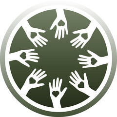 Digital png illustration of green badge with hands with hearts on transparent background