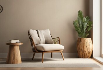 the chair in the living room is near the table and the wall clock - obrazy, fototapety, plakaty