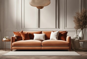 an orange sofa in a grey room with white walls and floor