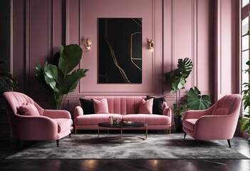 this living room is very pink and has pink couches with black cushions and green