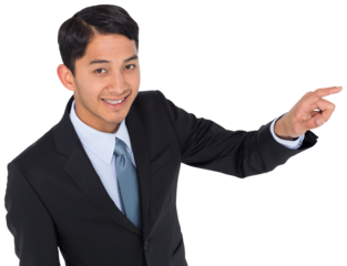 Digital png photo of happy biracial businessman pointing on transparent background
