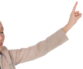 Digital png photo of asian businesswoman pointing on transparent background